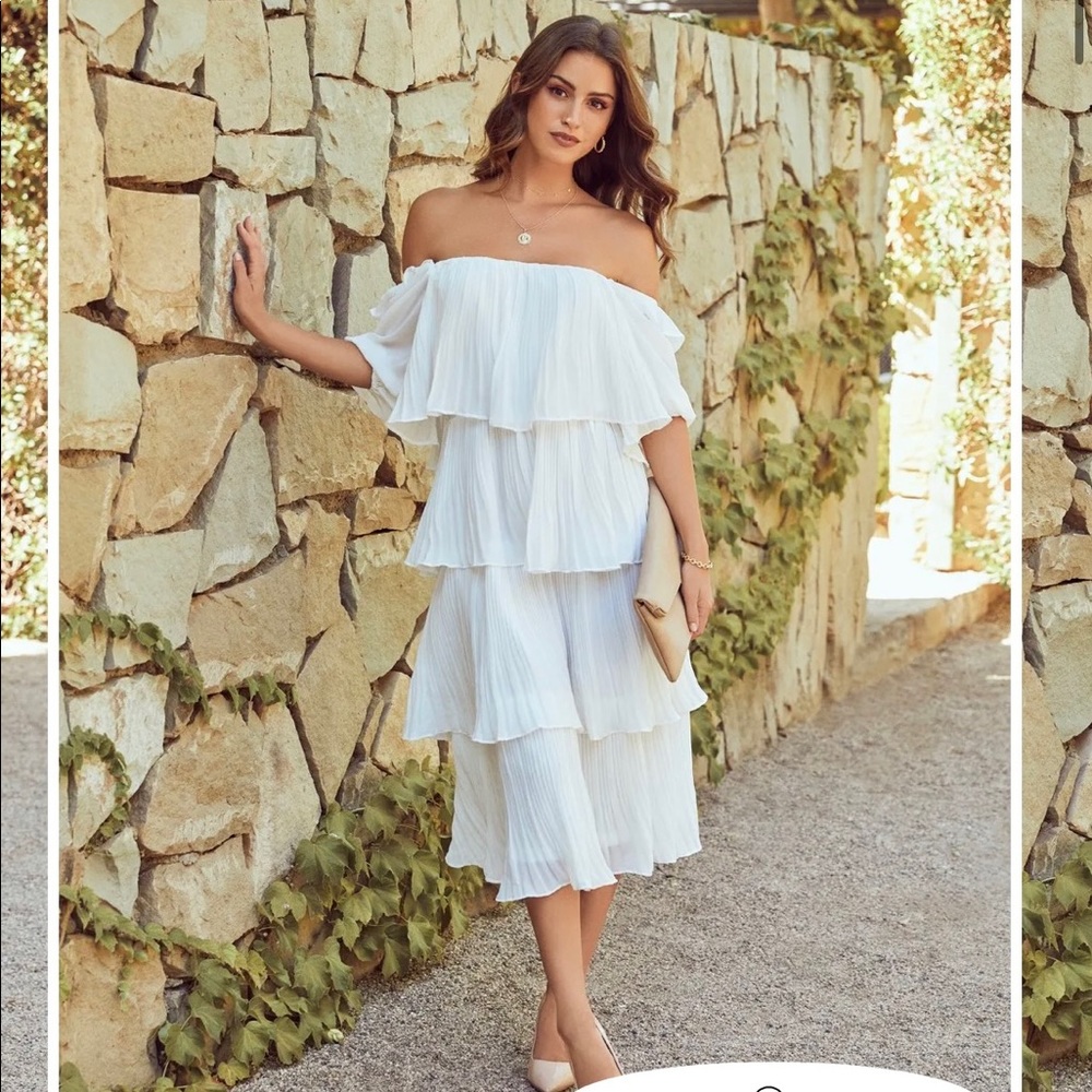 Rehearsal Tiered Plisse Midi Dress, Ivory